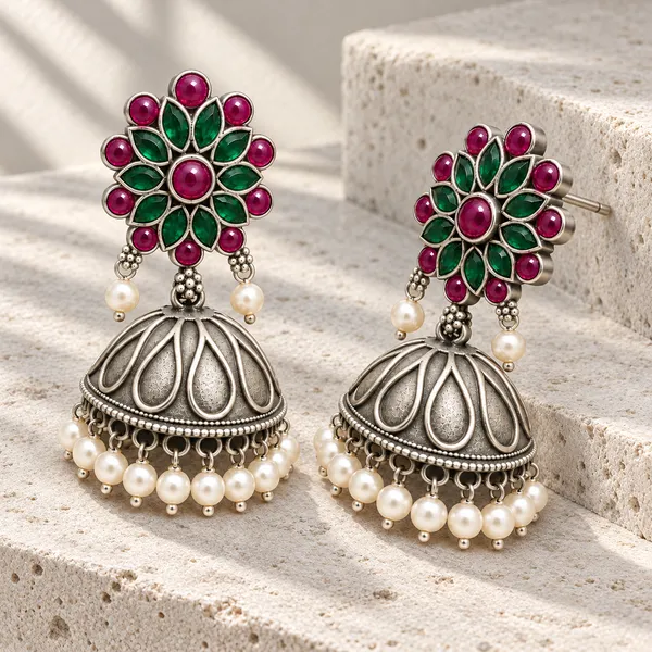 Gulnaar_Antique_Silver_Pearl_Brass_Jhumka_Earrings