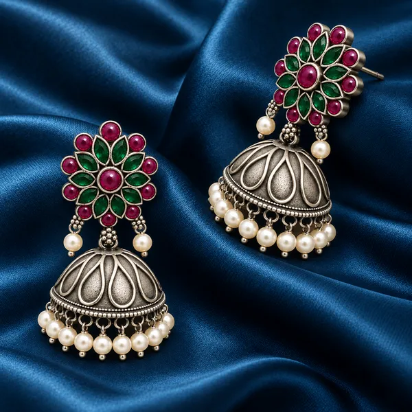 Gulnaar_Antique_Silver_Pearl_Brass_Jhumka_Earrings