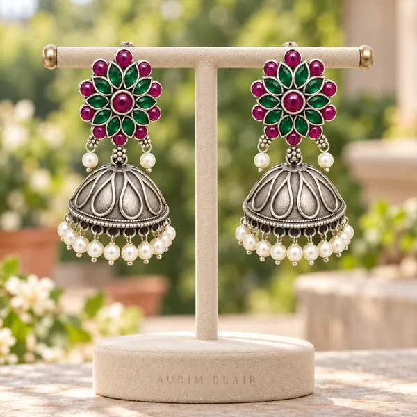 Gulnaar_Antique_Silver_Pearl_Brass_Jhumka_Earrings