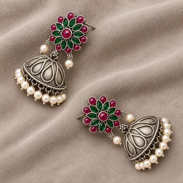 Gulnaar_Antique_Silver_Pearl_Brass_Jhumka_Earrings