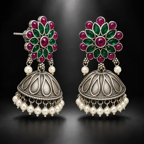 Gulnaar_Antique_Silver_Pearl_Brass_Jhumka_Earrings