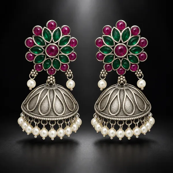 Gulnaar_Antique_Silver_Pearl_Brass_Jhumka_Earrings