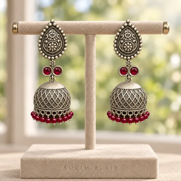 Meher_Ruby_Antique_Silver_Brass_Jhumka_Earrings