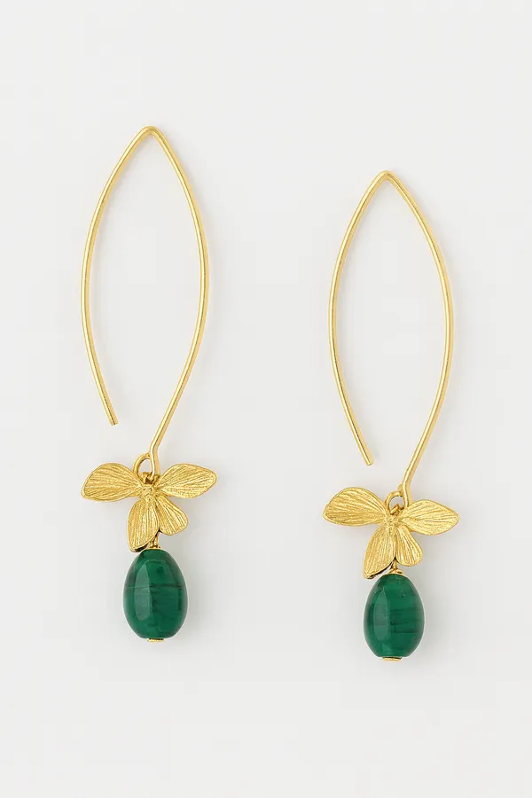 AURIM_BLAIR_EARRINGS_BRASS_ORCHID_FLOWER_GOLDEN_WATERDROP_EMRALD_BEADS