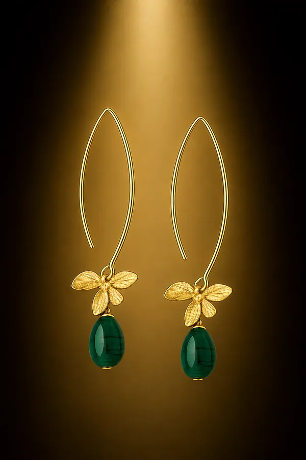 AURIM_BLAIR_EARRINGS_BRASS_ORCHID_FLOWER_GOLDEN_WATERDROP_EMRALD_BEADS