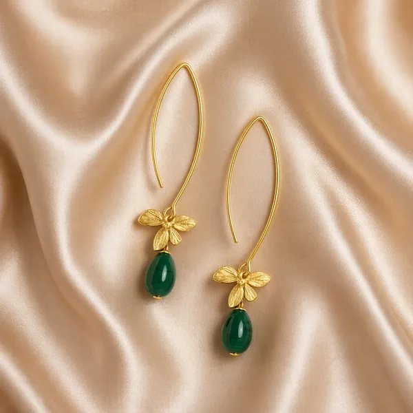 AURIM_BLAIR_EARRINGS_BRASS_ORCHID_FLOWER_GOLDEN_WATERDROP_EMRALD_BEADS