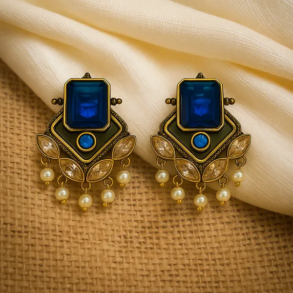 AURIM_BLAIR_EARRING_BRASS_ROYAL_REGAL_WITH_Crystal_AND_PEARLS_BLUE
