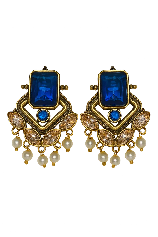 AURIM_BLAIR_EARRING_BRASS_ROYAL_REGAL_WITH_Crystal_AND_PEARLS_BLUE