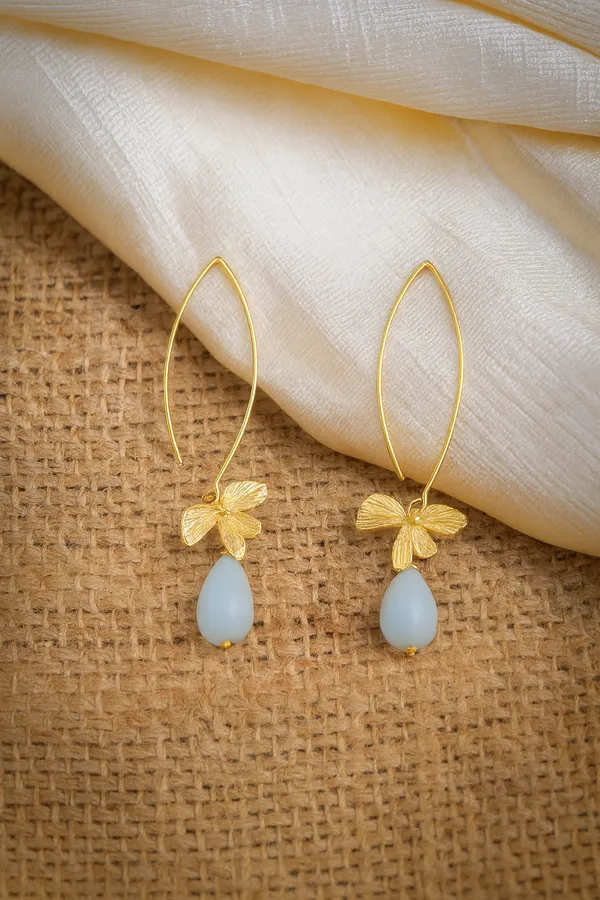 AURIM_BLAIR_EARRINGS_BRASS_ORCHID_FLOWER_GOLDEN_WATERDROP_LIGHT_BLUE_BEADS