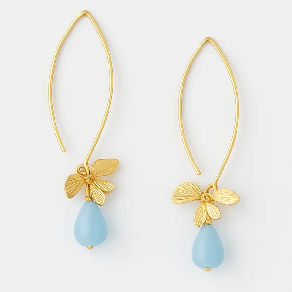 AURIM_BLAIR_EARRINGS_BRASS_ORCHID_FLOWER_GOLDEN_WATERDROP_LIGHT_BLUE_BEADS