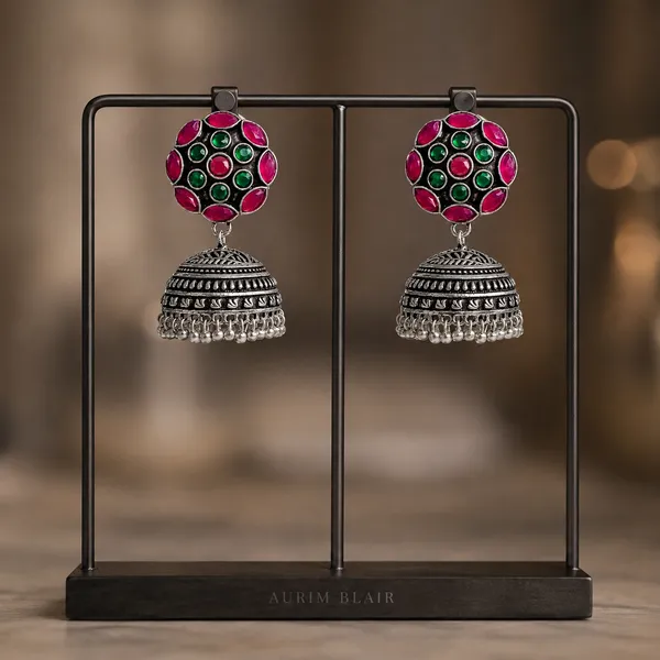 PINK_&_GREEN_OXIDISED_JHUMKAS