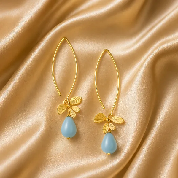 AURIM_BLAIR_EARRINGS_BRASS_ORCHID_FLOWER_GOLDEN_WATERDROP_LIGHT_BLUE_BEADS