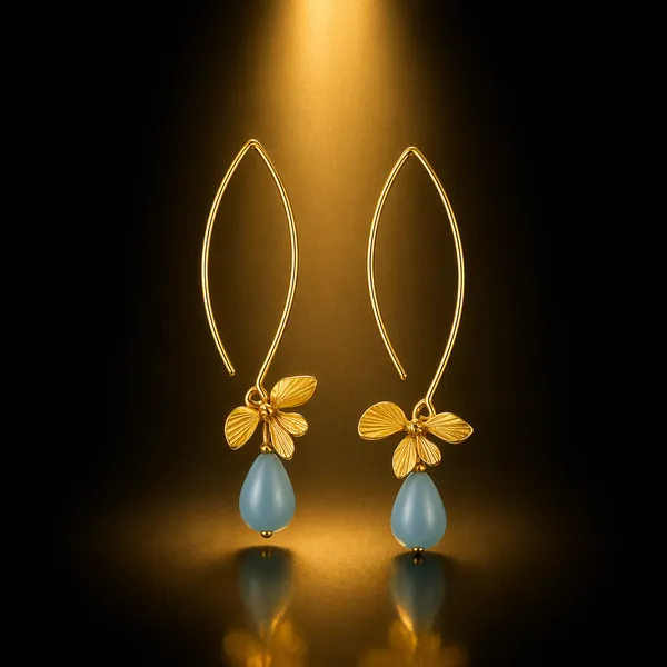 AURIM_BLAIR_EARRINGS_BRASS_ORCHID_FLOWER_GOLDEN_WATERDROP_LIGHT_BLUE_BEADS