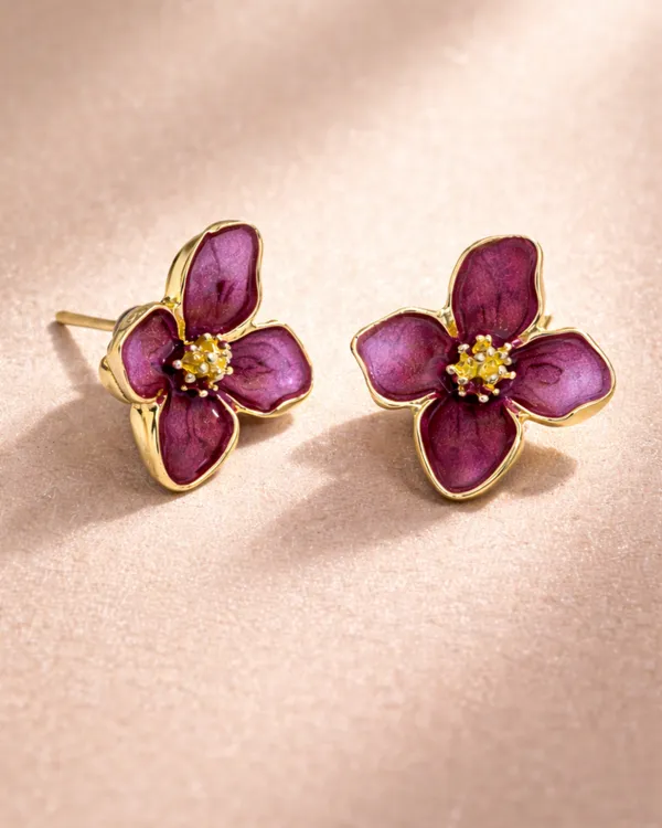 AURIM_BLAIR_STUD_EARRINGS_GERMAN_SILVER_FLOWER_WITH_ENAMEL_DRIP_WINE_COLOUR