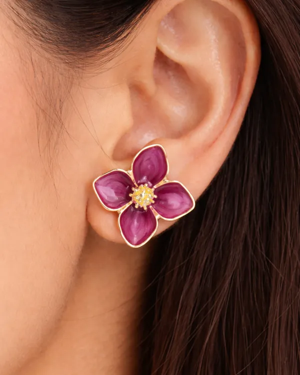 AURIM_BLAIR_STUD_EARRINGS_GERMAN_SILVER_FLOWER_WITH_ENAMEL_DRIP_WINE_COLOUR