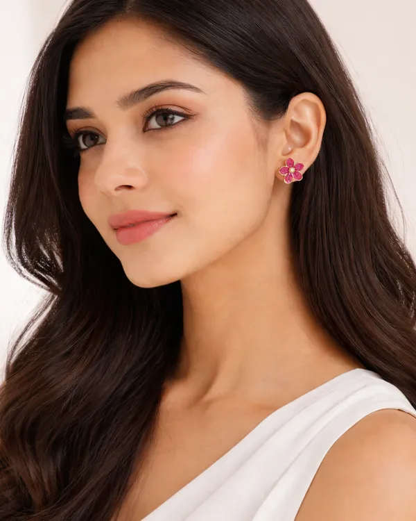 AURIM_BLAIR_STUD_EARRINGS_GERMAN_SILVER_FLOWER_WITH_ENAMEL_DRIP_WINE_COLOUR