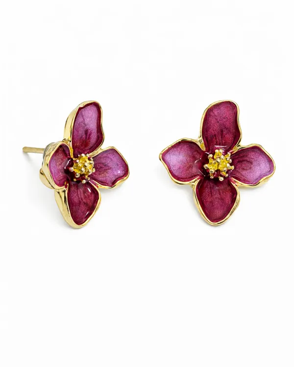 AURIM_BLAIR_STUD_EARRINGS_GERMAN_SILVER_FLOWER_WITH_ENAMEL_DRIP_WINE_COLOUR