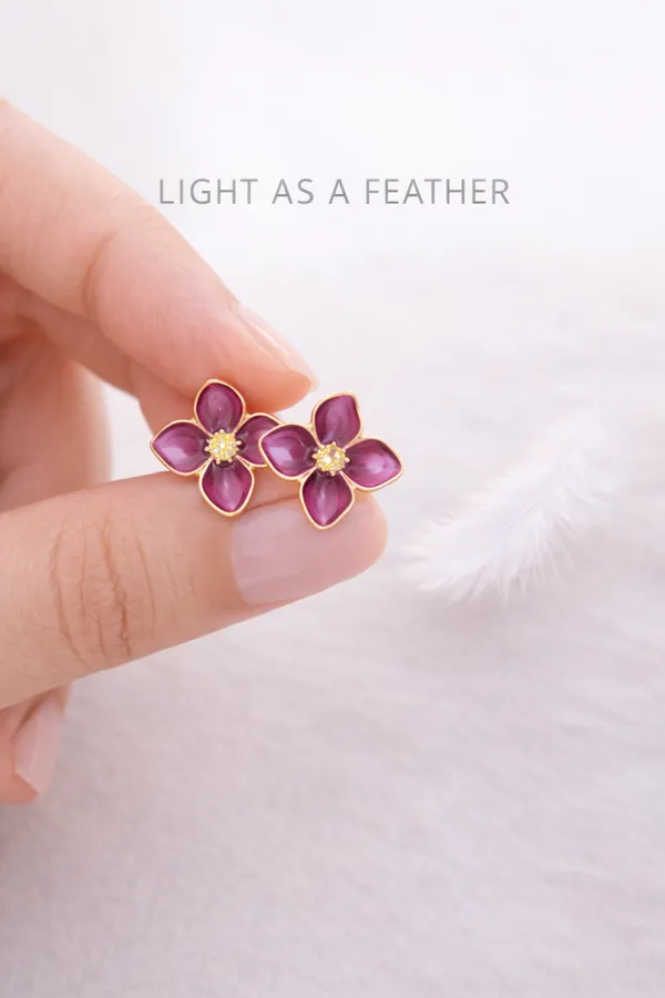 AURIM_BLAIR_STUD_EARRINGS_GERMAN_SILVER_FLOWER_WITH_ENAMEL_DRIP_WINE_COLOUR