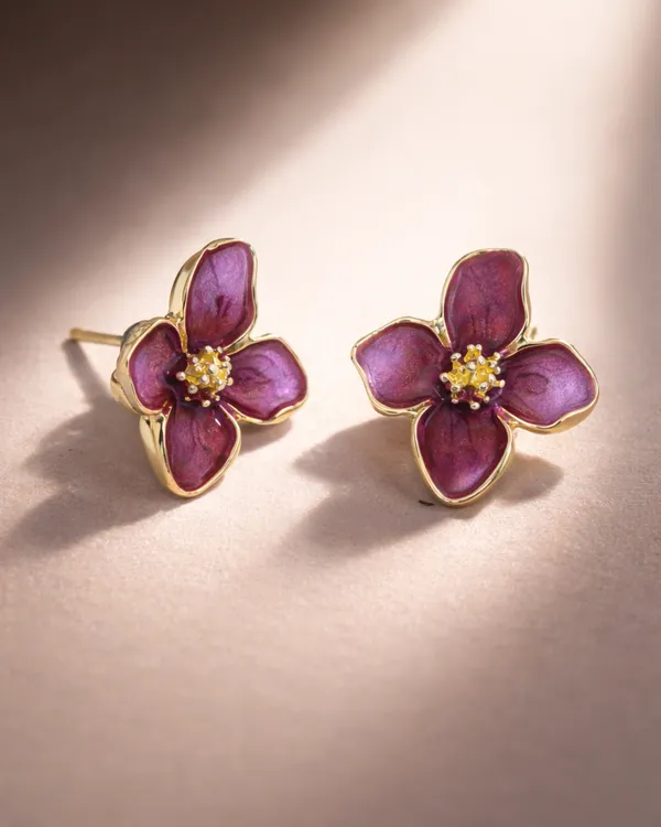 AURIM_BLAIR_STUD_EARRINGS_GERMAN_SILVER_FLOWER_WITH_ENAMEL_DRIP_WINE_COLOUR