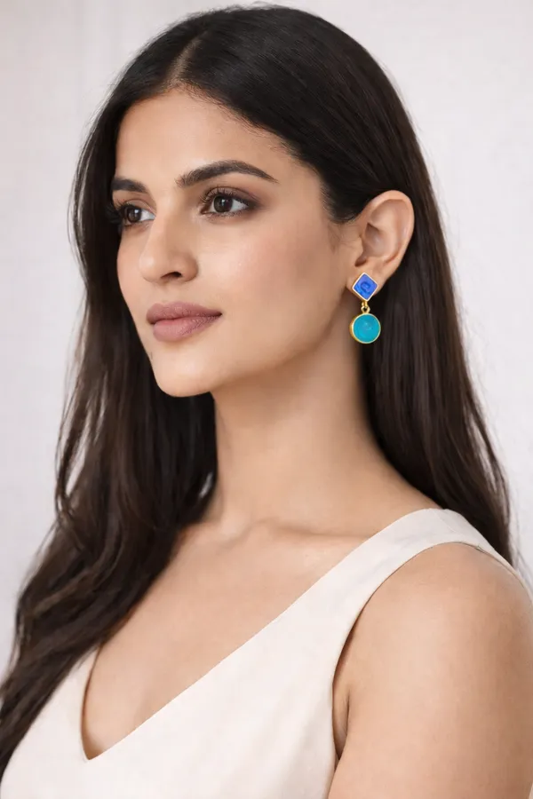 AURIM_BLAIR_STUD_EARRINGS_GERMAN_SILVER_ASYMMETRICAL_DUAL_BLUE_
