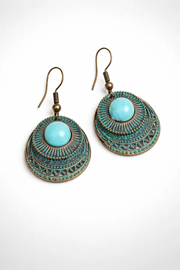 AURIM_BLAIR_STUD_EARRINGS_GERMAN_SILVER_COPPER_PATINE_3_DISC_WITH_TURQUOISE_BEAD