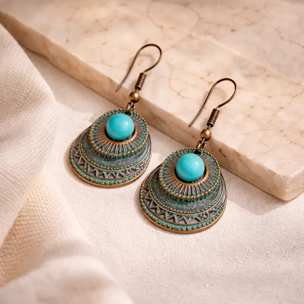 AURIM_BLAIR_STUD_EARRINGS_GERMAN_SILVER_COPPER_PATINE_3_DISC_WITH_TURQUOISE_BEAD