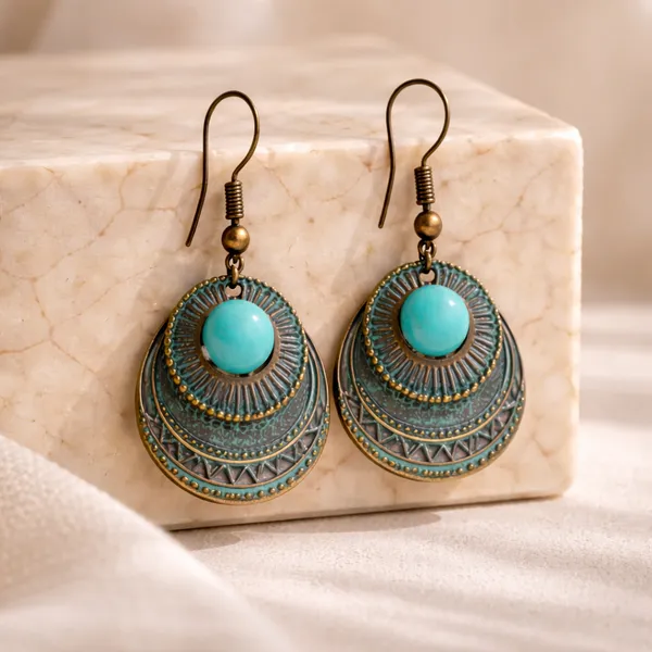 AURIM_BLAIR_STUD_EARRINGS_GERMAN_SILVER_COPPER_PATINE_3_DISC_WITH_TURQUOISE_BEAD