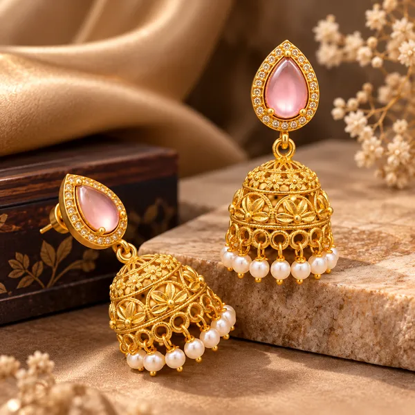 DUAL_TONE_PINK_PEARL_FLORAL_JHUMKA_EARRINGS