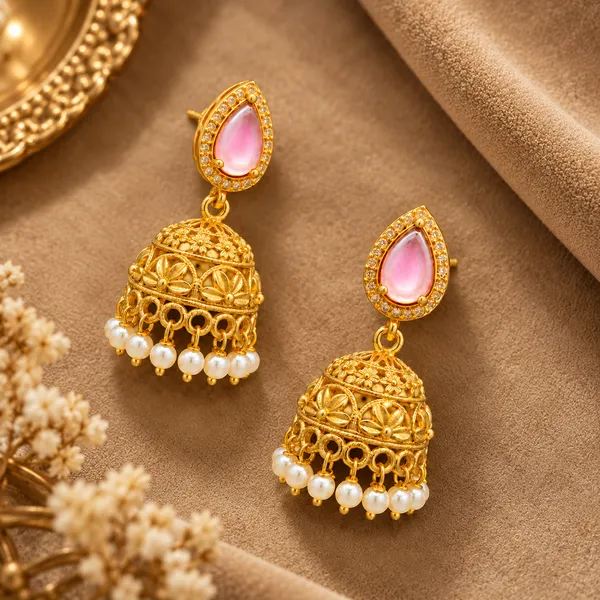 DUAL_TONE_PINK_PEARL_FLORAL_JHUMKA_EARRINGS