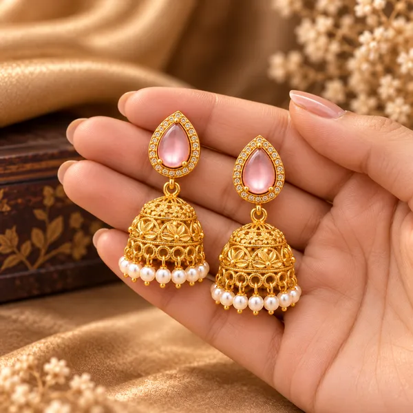 DUAL_TONE_PINK_PEARL_FLORAL_JHUMKA_EARRINGS
