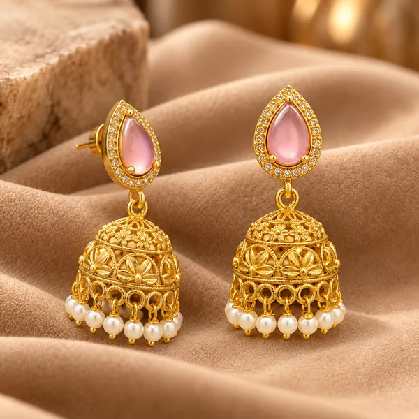 DUAL_TONE_PINK_PEARL_FLORAL_JHUMKA_EARRINGS