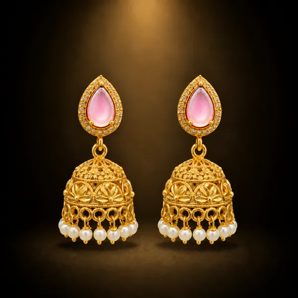 DUAL_TONE_PINK_PEARL_FLORAL_JHUMKA_EARRINGS