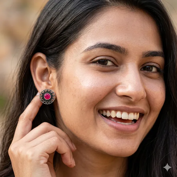 AURIM_BLAIR_STUD_EARRINGS_BRASS_JAALI_WITH_RED_STONE