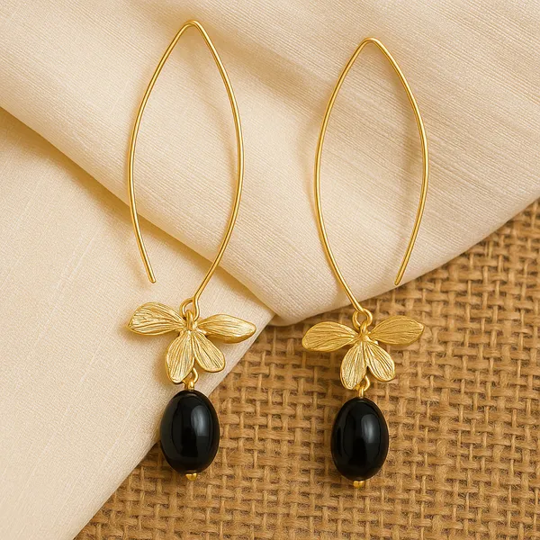 AURIM_BLAIR_EARRINGS_BRASS_ORCHID_FLOWER_GOLDEN_WATERDROP_BLACK_BEAD