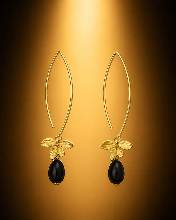 AURIM_BLAIR_EARRINGS_BRASS_ORCHID_FLOWER_GOLDEN_WATERDROP_BLACK_BEAD