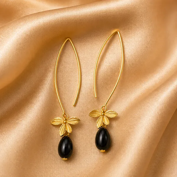 AURIM_BLAIR_EARRINGS_BRASS_ORCHID_FLOWER_GOLDEN_WATERDROP_BLACK_BEAD