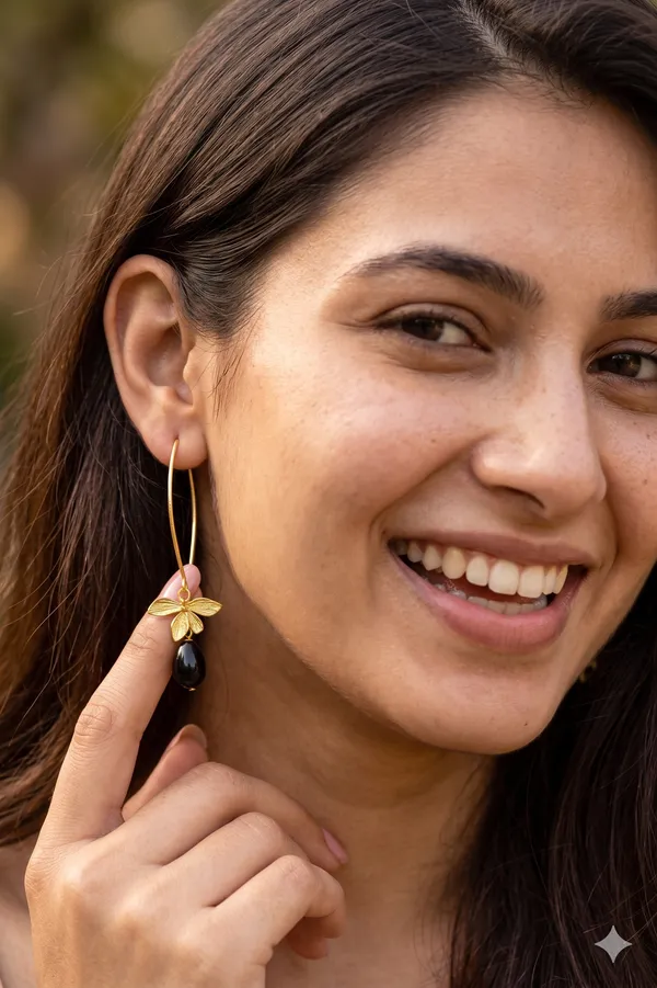 AURIM_BLAIR_EARRINGS_BRASS_ORCHID_FLOWER_GOLDEN_WATERDROP_BLACK_BEAD