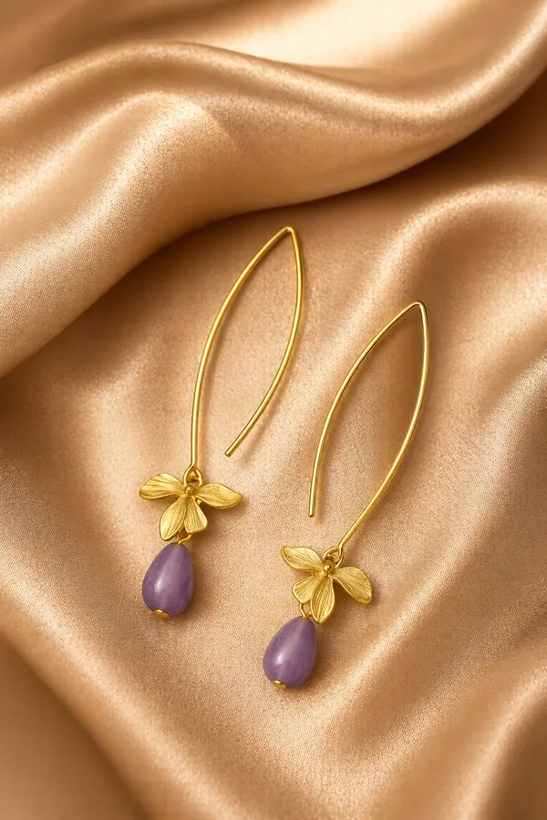 AURIM_BLAIR_EARRINGS_BRASS_ORCHID_FLOWER_GOLDEN_WATERDROP_GREY_BROWN_BEADS
