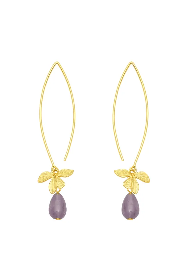 AURIM_BLAIR_EARRINGS_BRASS_ORCHID_FLOWER_GOLDEN_WATERDROP_GREY_BROWN_BEADS