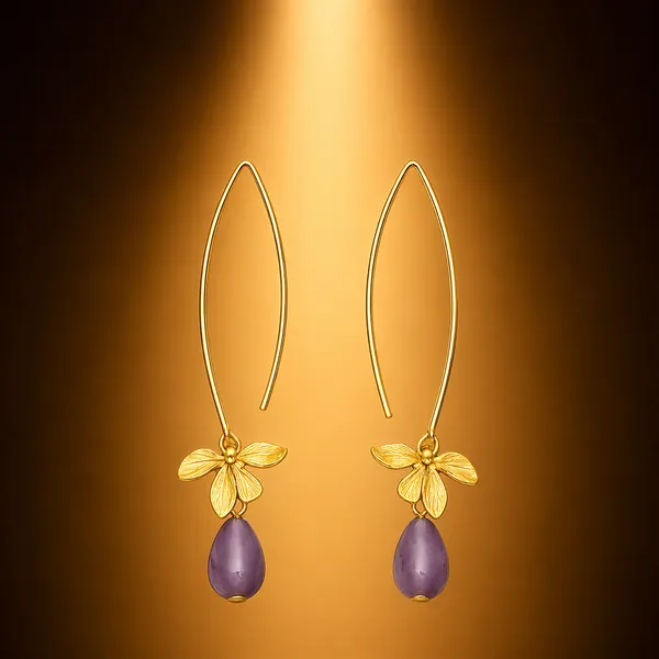 AURIM_BLAIR_EARRINGS_BRASS_ORCHID_FLOWER_GOLDEN_WATERDROP_GREY_BROWN_BEADS