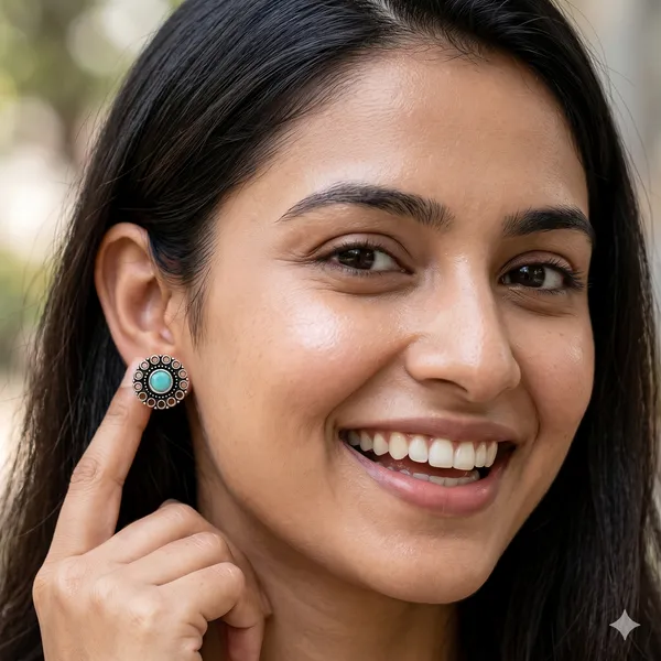 AURIM_BLAIR_STUD_EARRINGS_BRASS_JAALI_WITH_AQUA_GREEN_STONE