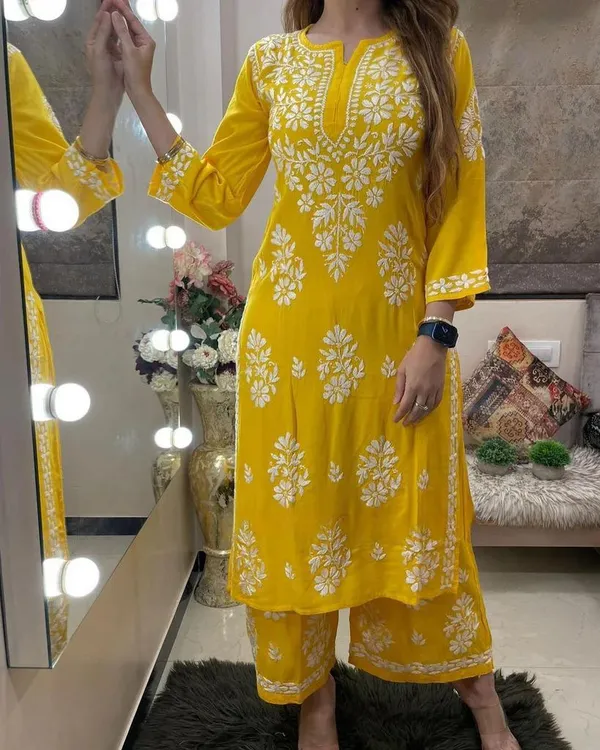 Women’s Yellow Chikankari Embroidered Kurta Set with Palazzos – Elegant Ethnic Wear | Indiaista