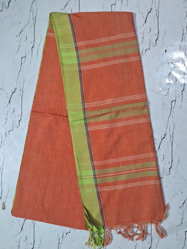 GREEN_&_ORANGE_COLOUR_COTTON_SAREE_WITH_BLOUSE_PIECE