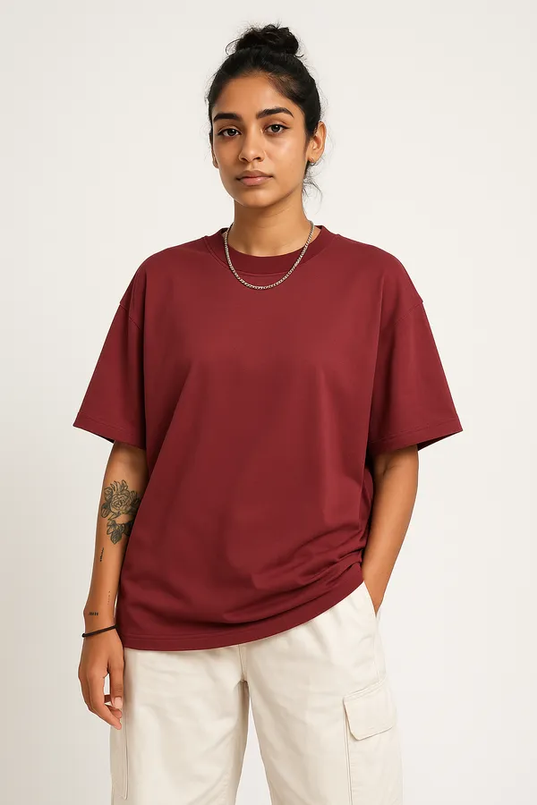 Unisex_GSM_240_Maroon_Tensel_Viscose_Round_Neck_Light_Weight_Drop-Shoulder_Sleeves_Oversized_T-Shirt