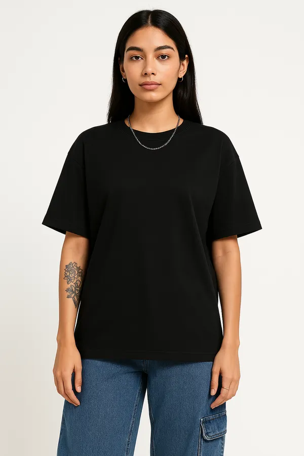 Unisex_GSM_240_Black__Tensel_Viscose_Round_Neck_Light_Weight_Tensil_Drop-Shoulder_Sleeves_Oversized_T-Shirt