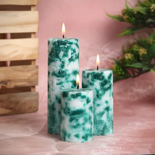 Set_of_3_Multicolor_Candles_Fragrance_Pillar_Candles_Marble_Finish_(Green_Apple)_,Wax