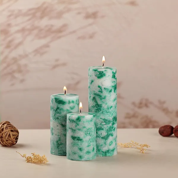 Set_of_3_Multicolor_Candles_Fragrance_Pillar_Candles_Marble_Finish_(Green_Apple)_,Wax