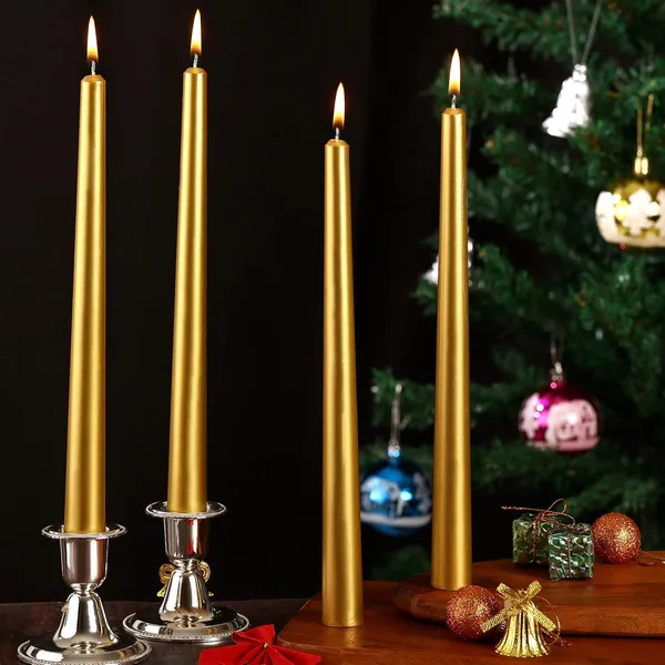 Set_Of_4_Golden_Candles_Unscented_Dripless_Taper_Candles_10_Inch_X_0.75_Inch_Candle_Light_Dinner_Spell_Paraffin_Wax