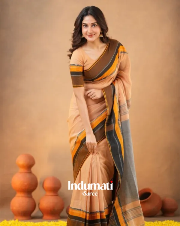 Peach_Soft_Mulmul_Cotton_Saree_with_Contrast_Border_Design_with_Blouse_Piece