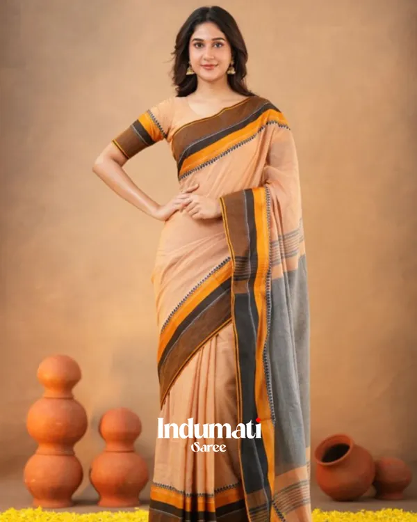 Peach_Soft_Mulmul_Cotton_Saree_with_Contrast_Border_Design_with_Blouse_Piece